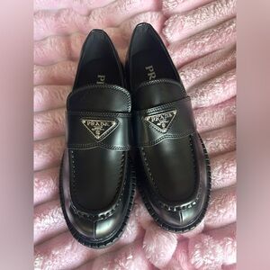 Prada chocolate brushed leather loafers - black. NWOT
